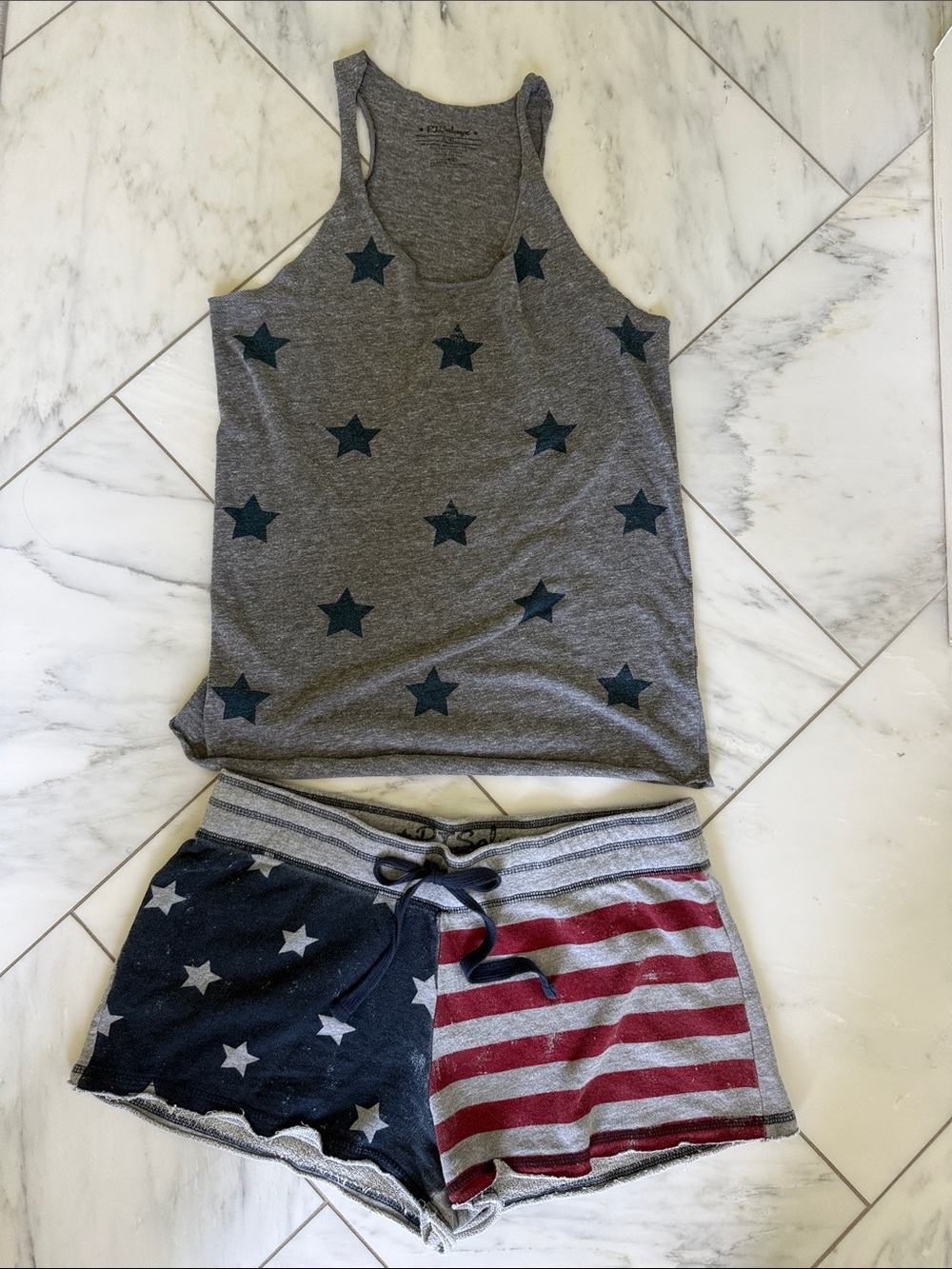 PJ Salvage Gray Star Tank with Navy and Red Flag-Print Shorts